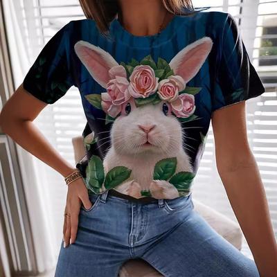 Camiseta Feminina Casual de Manga Curta com Estampa de Coelho 3D da Páscoa, Gola Redonda, Moda Verão