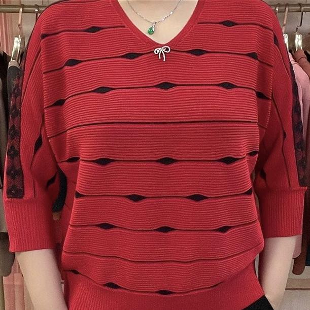 Autumn Women's Plus Size Knit Sweater Three-Quarter Sleeve Loose V-Neck Knit Sweater Color Block Knit Pullover