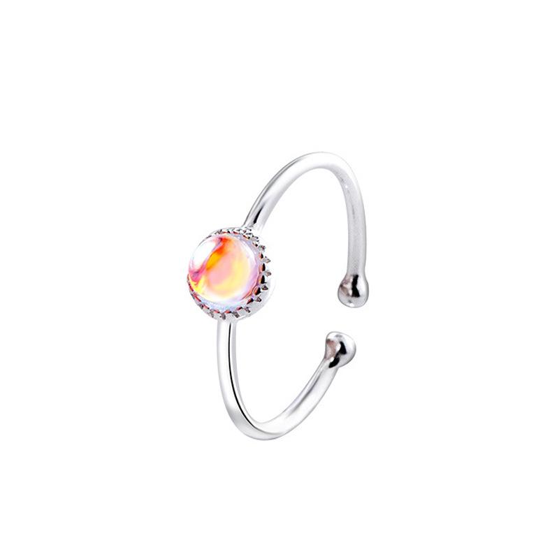 Banyan Tree S925 Silver Adjustable Moonstone Ring for Women – Colorful, Minimalist Design with Thin Round Beads