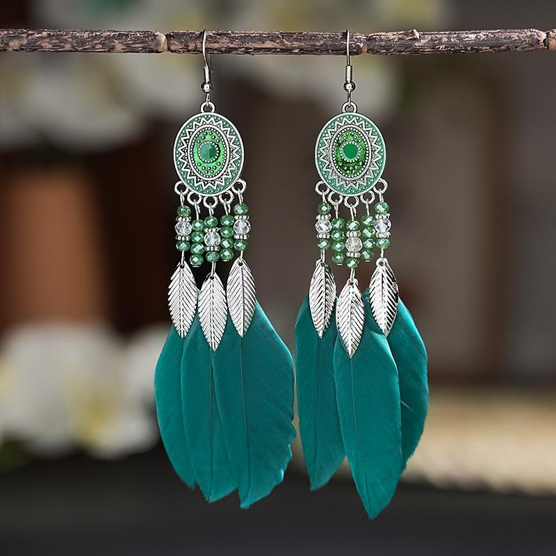 Boho Lange Feder Hängende Ohrringe für Damen Blatt Quaste Kristallperlen Handgefertigt Runde Blume Emaille Hochzeit Braut Schmuck Geschenk