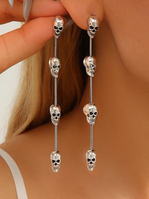 Women's Halloween Earrings, Punk Vintage Alloy Skull Dangle Ear Rings, Long Tassel Design, Unique Party Jewelry Accessory