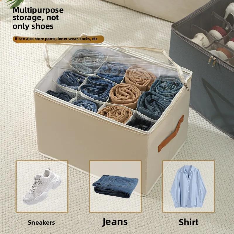Multifunctional Grid Storage Shoe Box Cross-Border Foldable Fabric With Cover Dustproof And Washable Sundries Storage Box