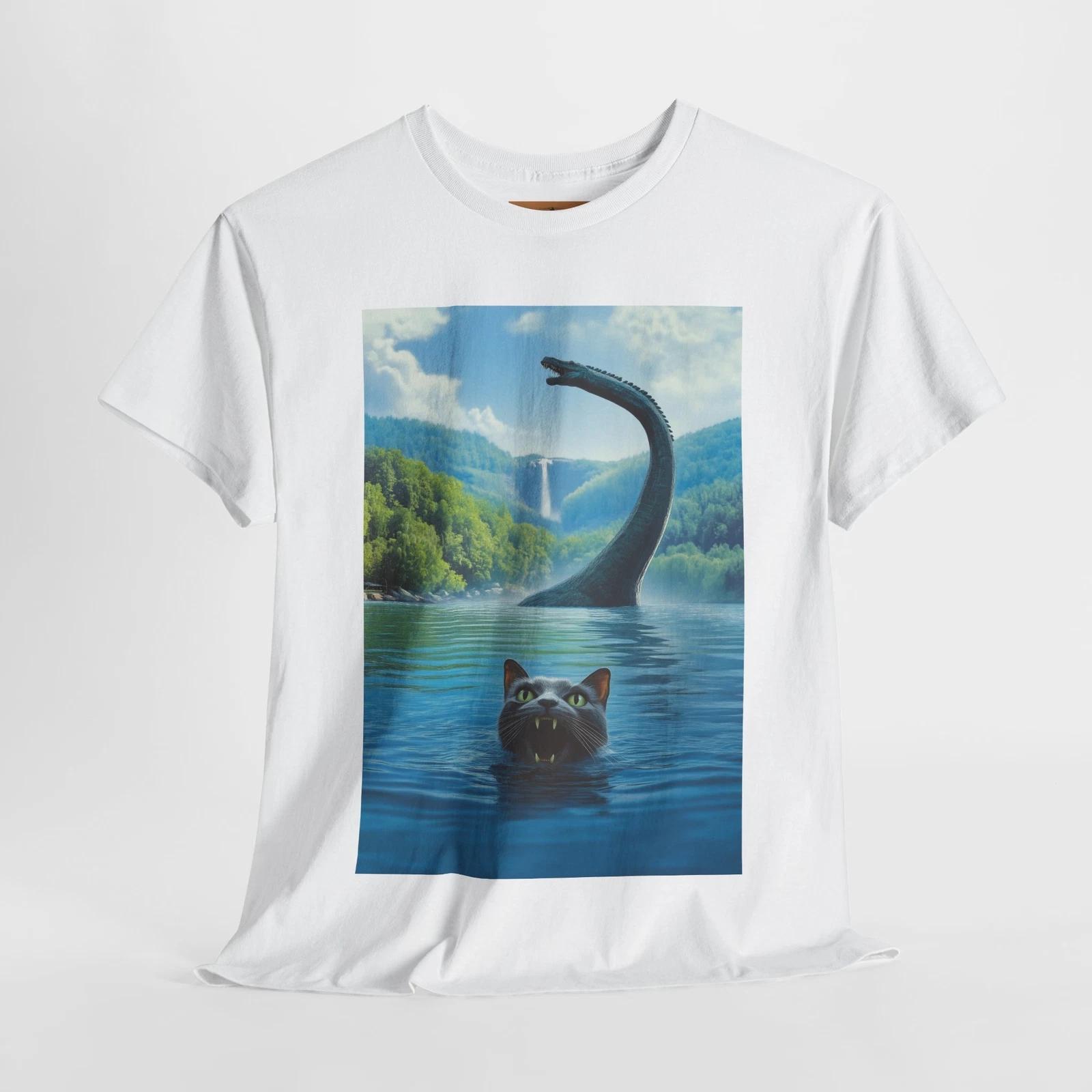 Funny Loch Ness Monster & Cat T-Shirt – Swimming Away from Nessie Tee 4XL
