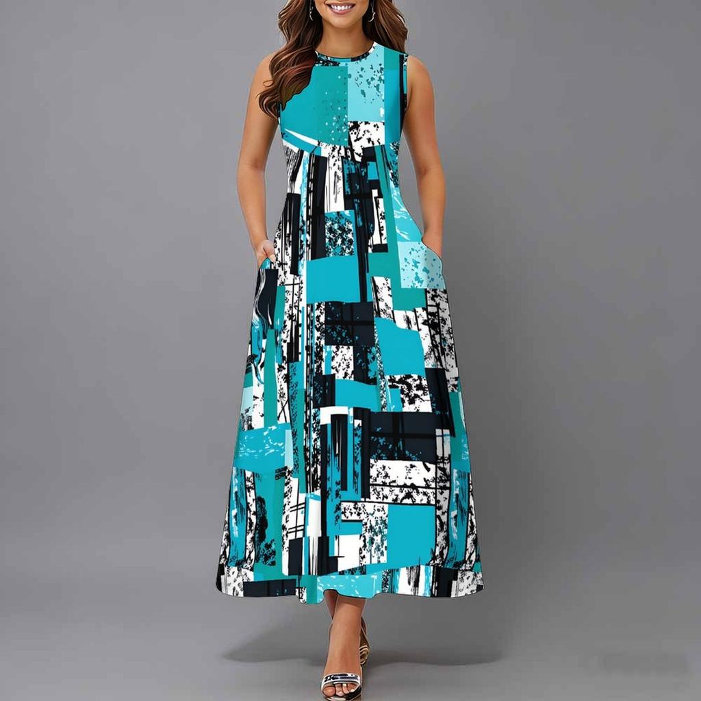 Plus Size Women Sleeveless Round Neck Dress Vivid Tropical Plant Printed Flowy Mid Calf Gown