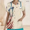 Women Plus Size Beige Printed Nurse Scrub Top V Neck Short Sleeve With Front Pockets
