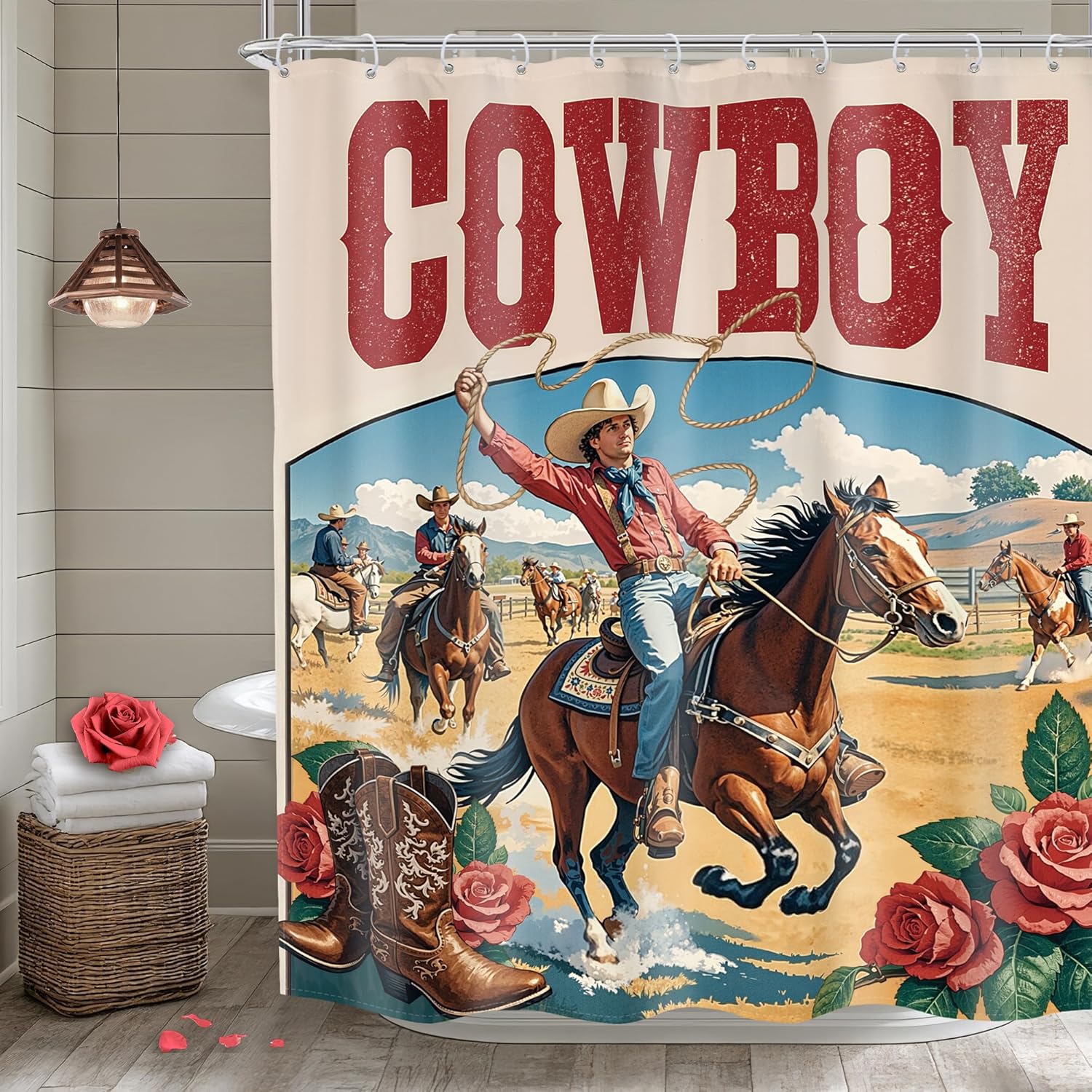 

Western Cowboy Shower Curtain – Vintage Rodeo Art, Rustic Horse & Wild Flowers, Farmhouse Bathroom Decor W60H190(CM)-1 Pcs