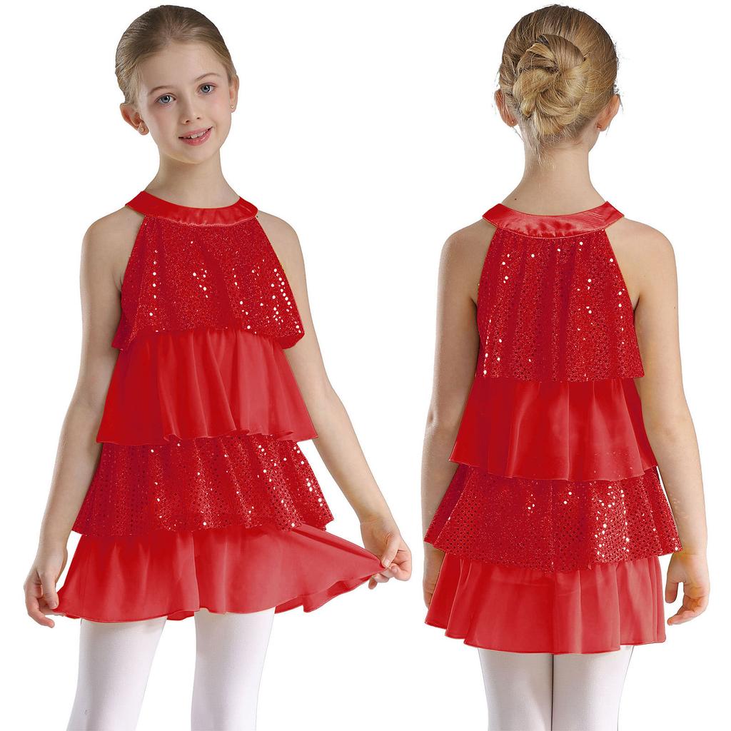 Gestuftes Rüschen-Mädchen-Tanzkleid Glänzende Pailletten Patchwork A-Linie Ärmellos Aufführungskostüm