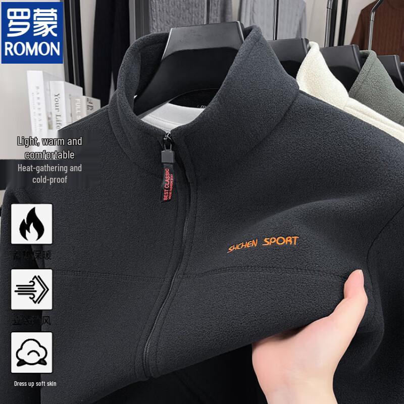 ROMON Men's Casual Fleece-Lined Stand-Collar Jacket
