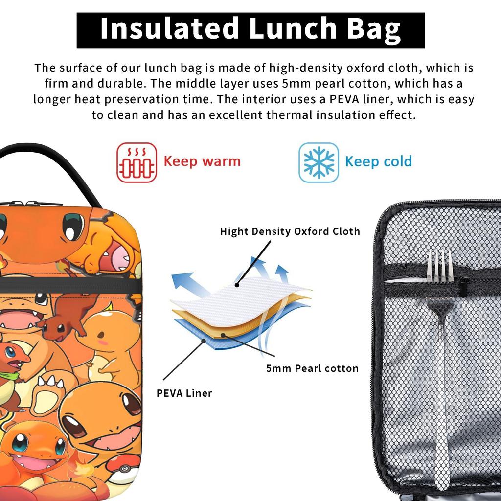 Charmander Dense Anime Lunch Bag Vintage Lunch Box For Child Picnic Cooler Bag Waterproof Thermal Lunch Bags