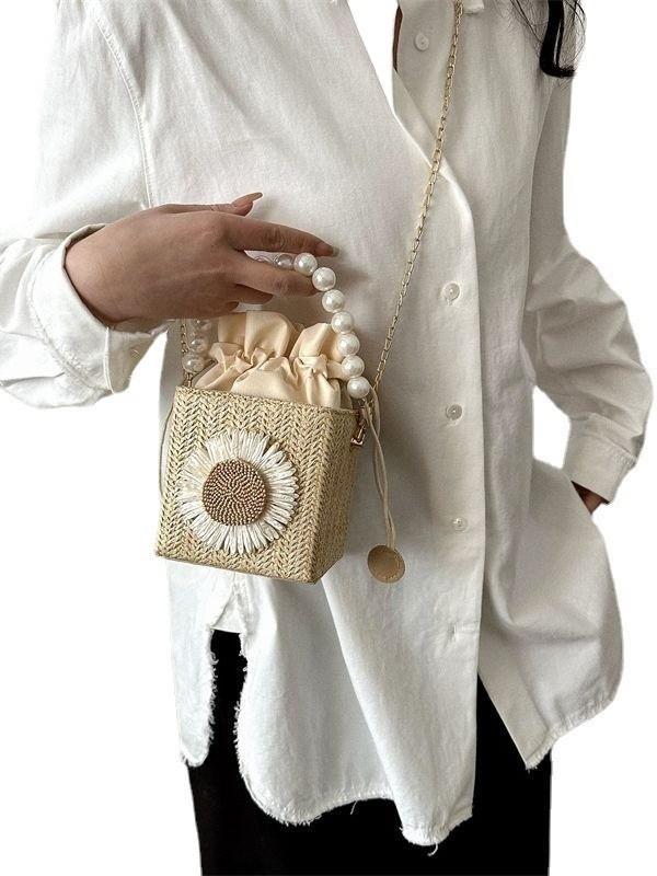 Trendy Woven Crossbody Bag With Pearl Embellishments For Girls