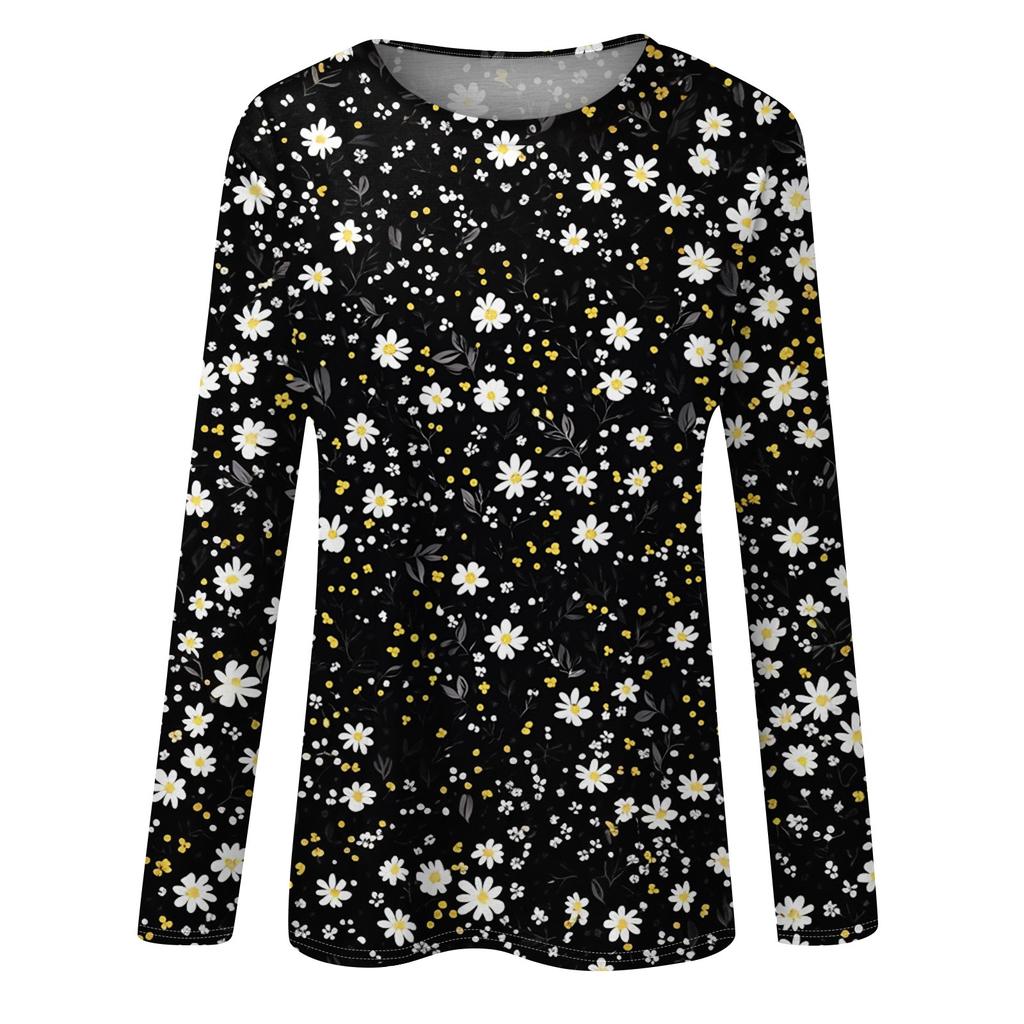 Women's Fashion Casual Long Sleeve Flowers Print Round Neck Top