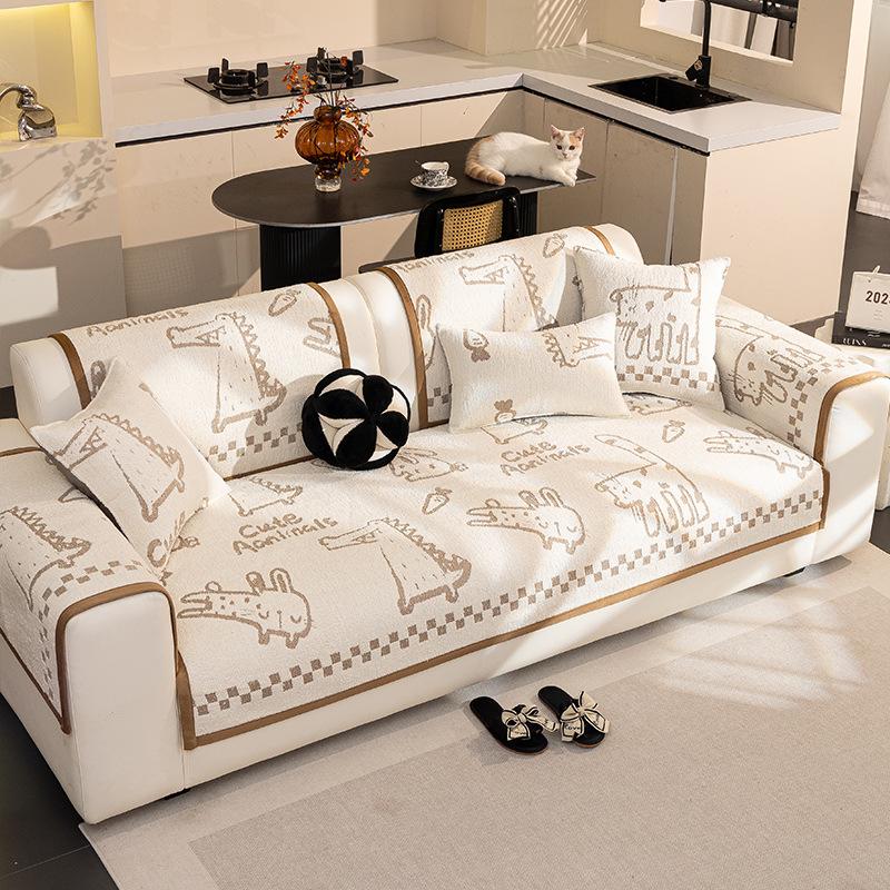 Cartoon Half Fleece Sofa Cushion  New Winter Simple Modern Seat Cushion Fixed Non-Slip Sofa Cover Cover Cloth