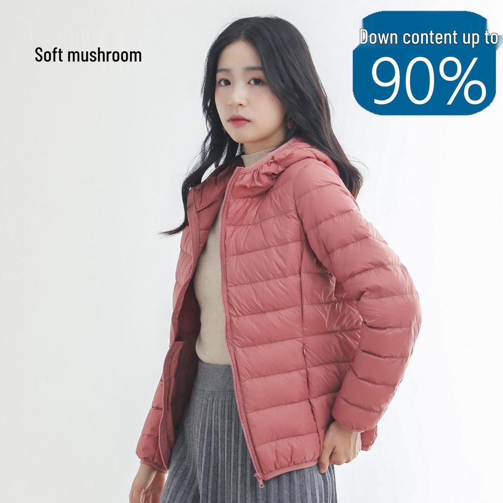 Rourou Women's Hooded Lightweight Down Jacket - New Mushroom Series, Short Style, 90% White Duck Down, Perfect for Autumn and Winter.