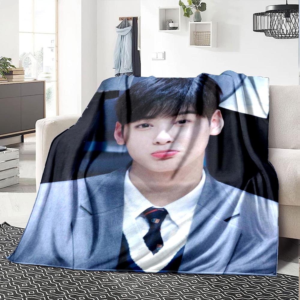 1Pc Cha Eun-woo Print Blanket Soft Comfortable Polyester Throw Blanket Allseason Use Perfect Bedroom Office Outdoor Ideal Christmas Gift Choice Print 