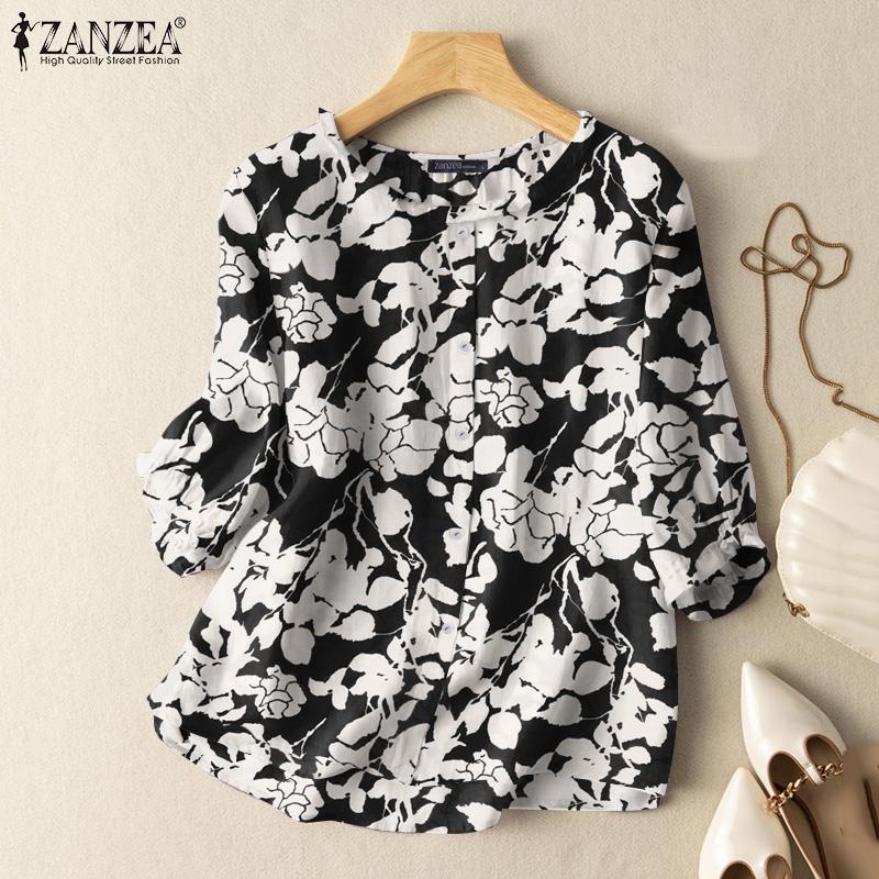 

ZANZEA Женская повседневная летняя блузка с круглым вырезом и рукавами 3/4 с цветочным принтом