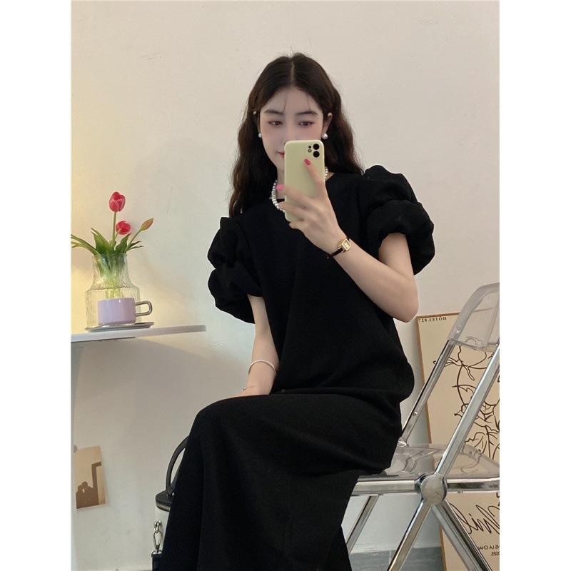 Puff Sleeve Dress for Women with Slightly Fat MM Large Size Summer New Arrival Style Waist-hugging and Slimming French Niche Design Long Skirt