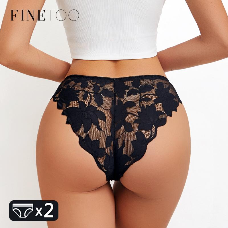 FINETOO 2Pcs Women's Satin Floral Lace Underwear Sexy Hollow Out Panties Solid Low-Waist Perspective Briefs Girls Soft Lingerie