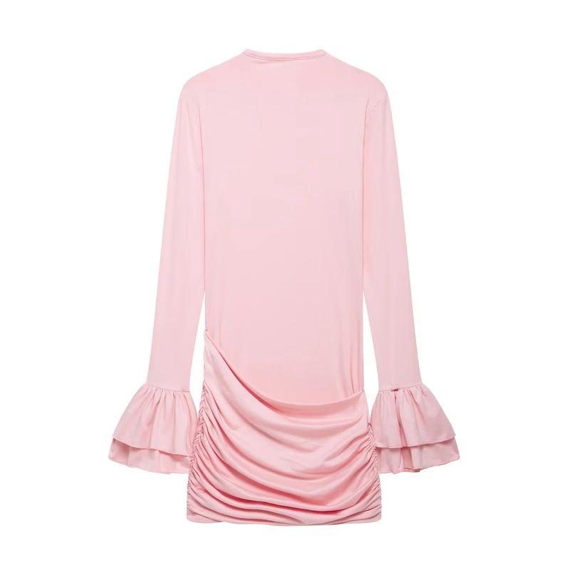 

Spring New Women s Clothing round Neck Horn Long Sleeves Silm Pleated Sheath High Waist Short Midi Skirt Dress Pink L