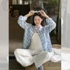 Blue plaid single-breasted Polo collar long-sleeved shirt women's early autumn new pocket design loose top