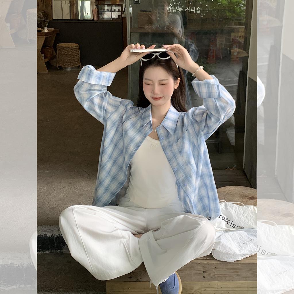 Blue plaid single-breasted Polo collar long-sleeved shirt women's early autumn new pocket design loose top