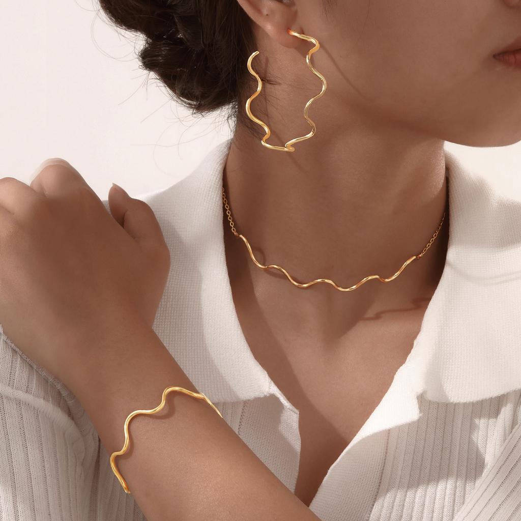 Jewelry Fashion Collar Exaggerated Earrings Stainless Steel Line Wave Necklace 18K Gold Ladies 1809