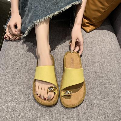 New One-pedal Toe Slippers Women's Summer 2025 Outer Wear Metal Buckle Versatile Flat Bottom One-word Cool Slippers French