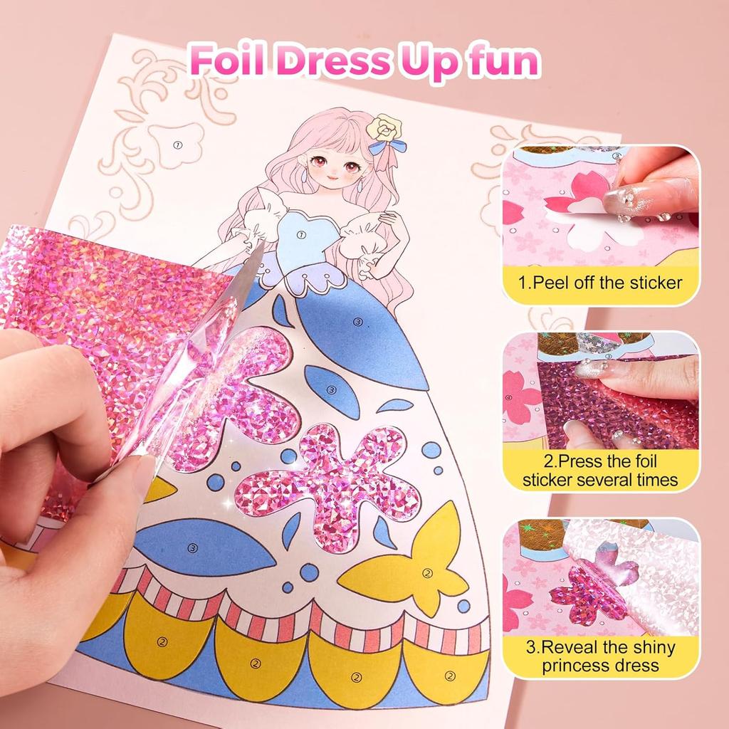 4 In 1 Princess Art Craft Kits, Foil Crafts Art Fun & Gem Painting, Makeup Diamond DIY Activity, Dress Up Sticker Books,Travel Toys, Ideal Toys for