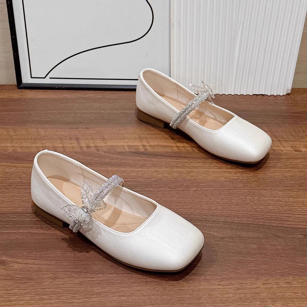 Versatile French silver Mary Jane shoes women's 2025 summer new rhinestone light mouth single shoes flat-soled small leather shoes