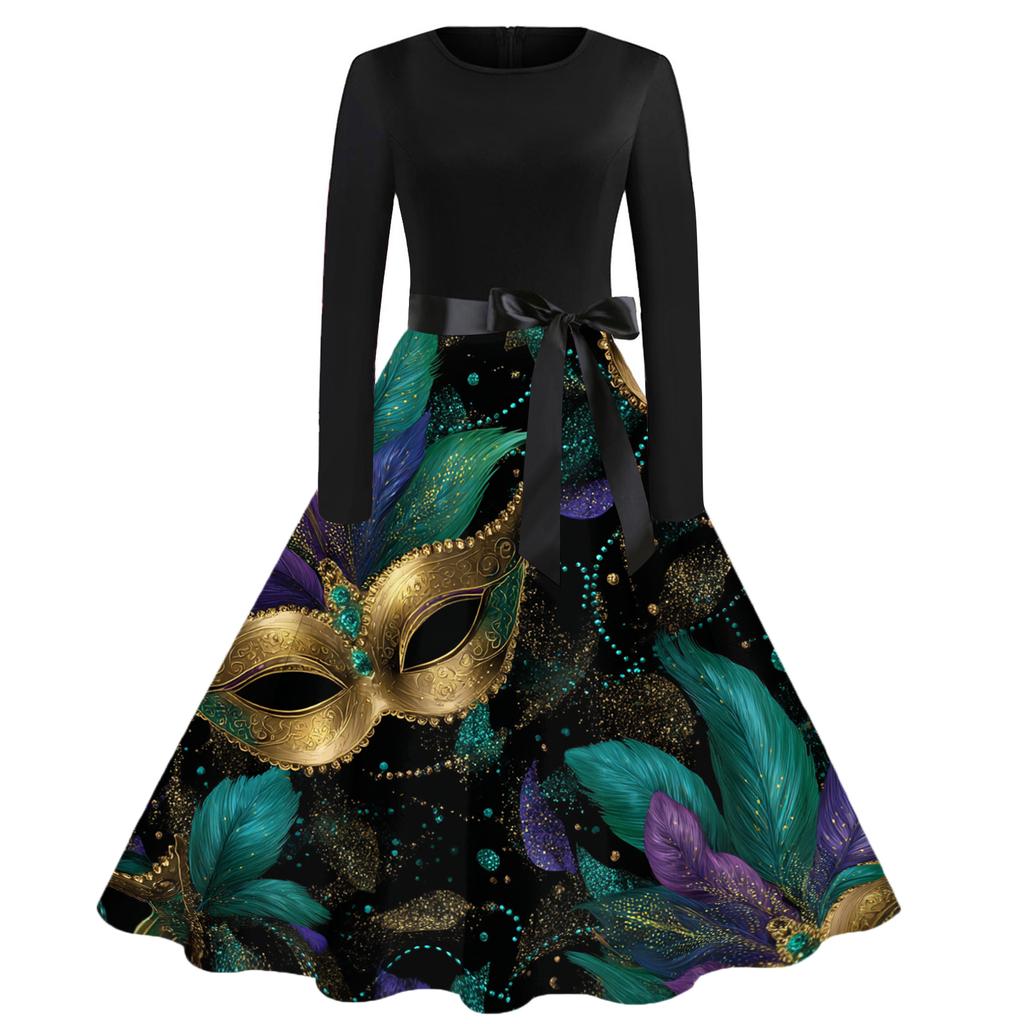 Damen Casual Mode Rundhals Karneval Bedrucktes Vintage Kleid