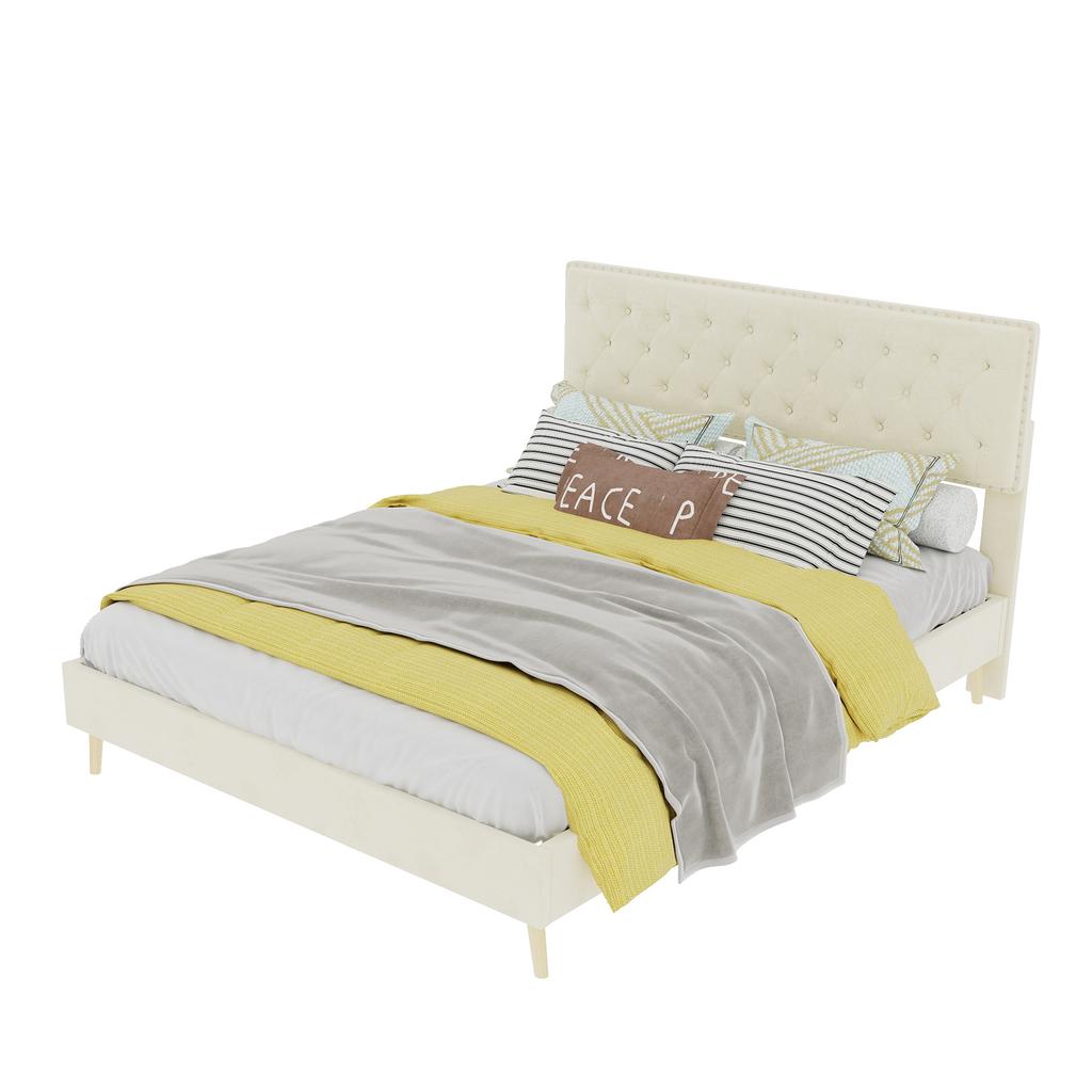 Modern minimalist soft bed, 140*200CM, beige, multifunctional bedroom furniture, low box bed frame without lifting rod, include140*200cm mattress.