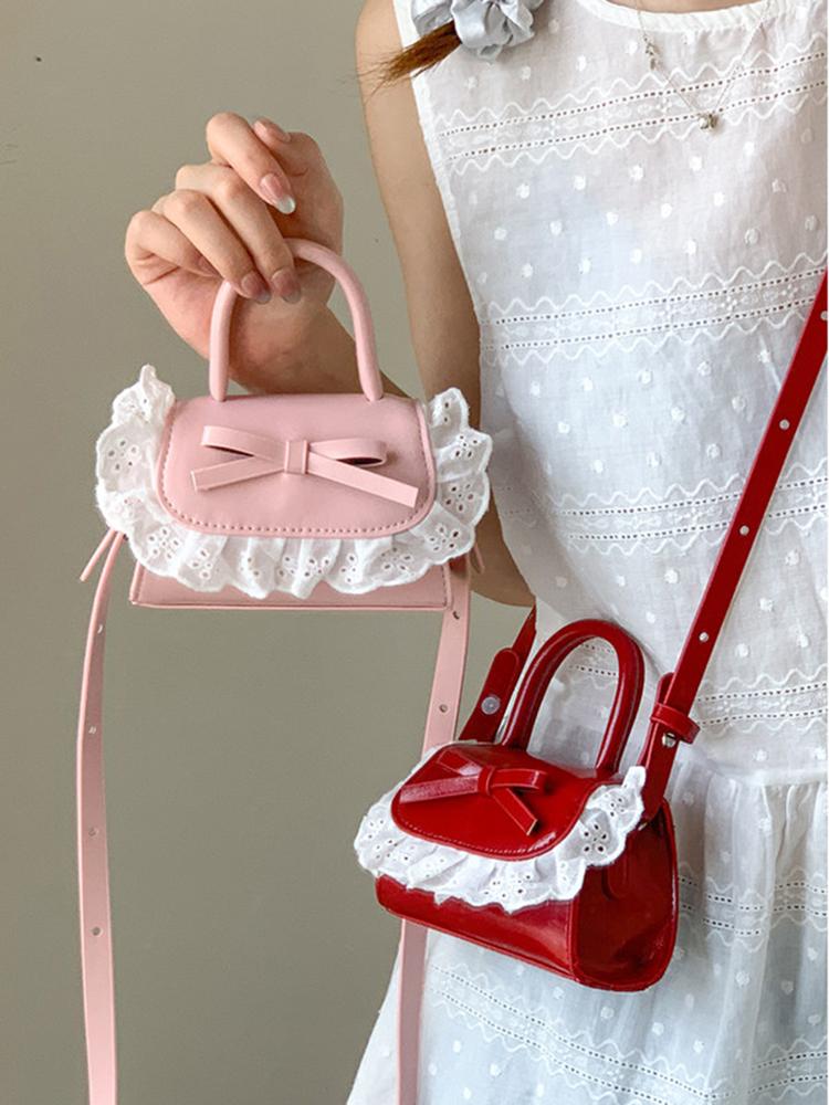 Exquisite Lace Splicing Messenger Bag for Women Korean Style Sweet Bow Knot Magnetic Buckle Handbags Spring Cute Lipstick Bags