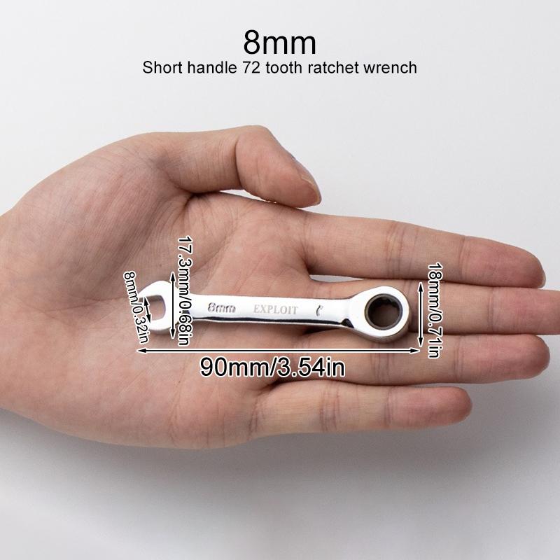 1Pc Metric Open End Wrench with Tight Spaces Gear Repair Hand Tools Steel Stubby Ratcheting Wrench Spanners 72-Tooth Car Repair