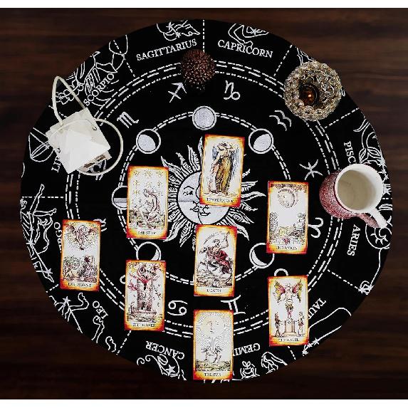 Indian Consigners Altar Cloth Zodiac Astro Witchcraft Alter Tarot Spread Table Cloth Wiccan Spiritual Sacred Cloth (Zodiac Silver)