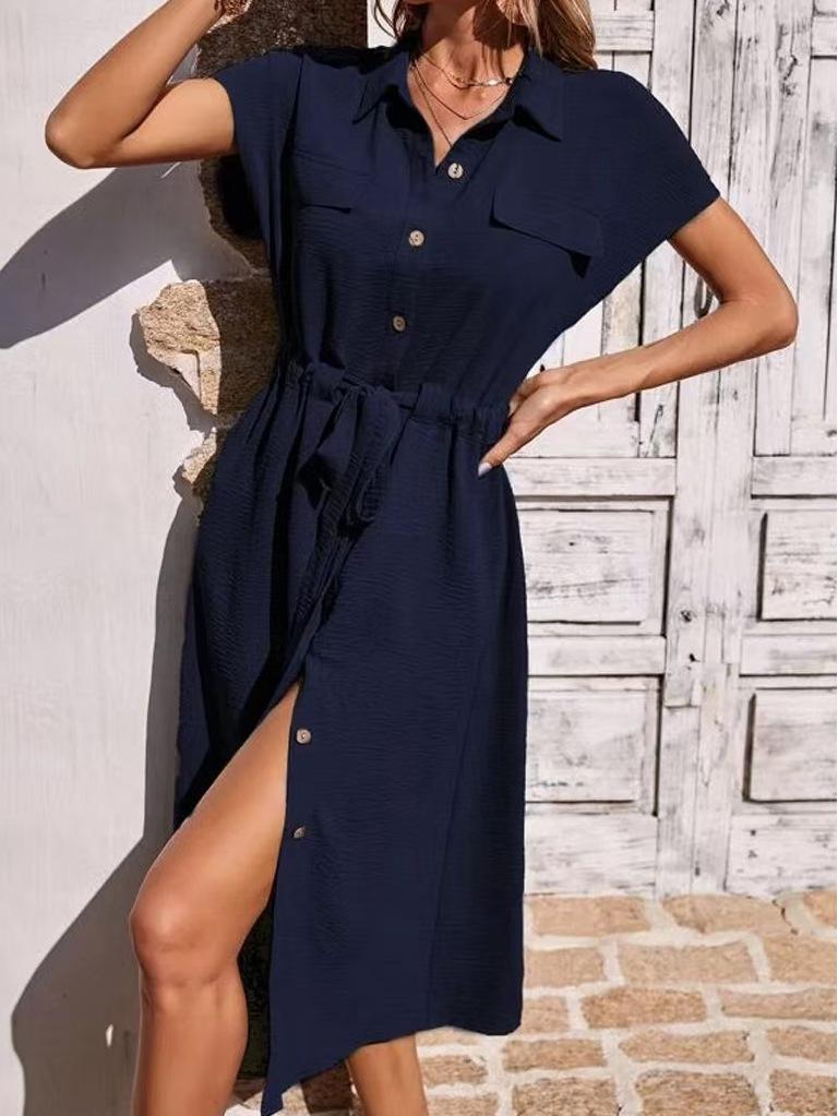 2024 Women's Fashionable Shirt Collar Waist-Cinching Dress with Waistband
