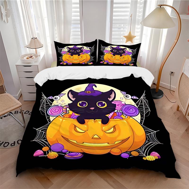 3pcs Cartoon Cat & Pumpkin Trick or Treat Print Bedding Set (1 Cover + 2 Pillowcases, Without Inserts), This Printed Bedding Set is Soft and