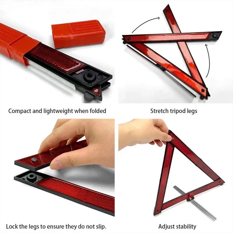 Car Triangle Red Reflective Tripod Foldable Frame Road Safety Hazard Stop Sign Car Accessories for Auto Emergency Breakdown