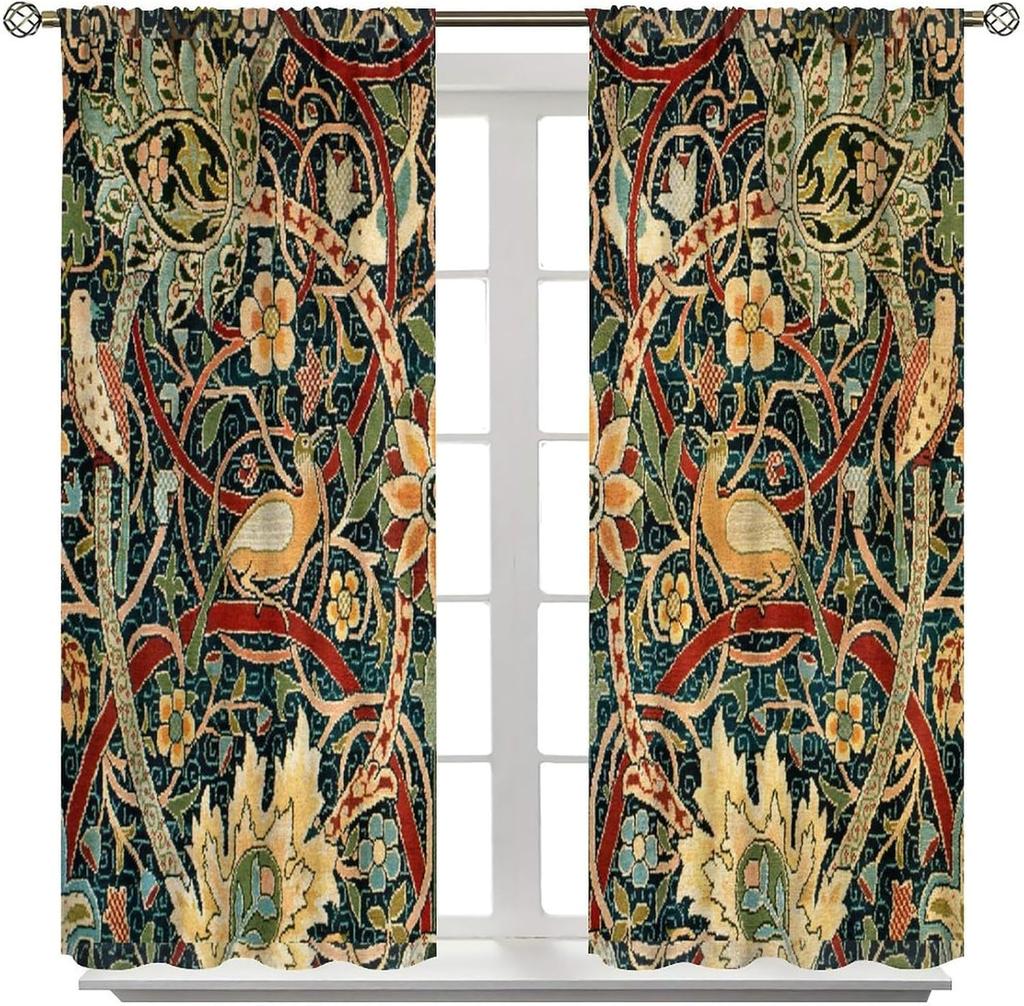 William Morris Vintage Blumenvorhänge Vögel Botanische Blume Zimmerfenster Dekorationen für Schlafzimmer Wohnzimmer 42x45 Zoll Dekor