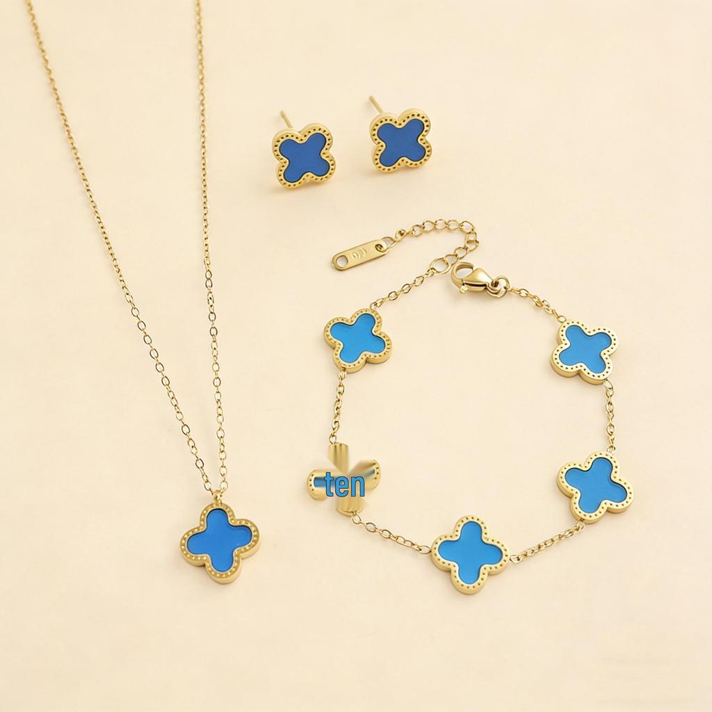 Zestaw biżuterii ze stali tytanowej w kształcie czterolistnej koniczyny z masą perłową: Naszyjnik, Bransoletka i Kolczyki - Damska Moda Prosty Luksusowy Design.