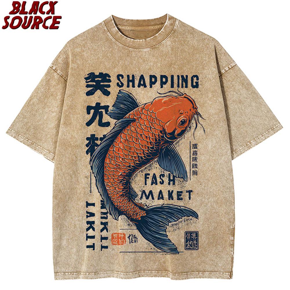 

T Summer Men Casual Short Sleeve TShirt Japanese Koi Fish Cloud Print Navy Blue with Orange Artwork Men Clothing S