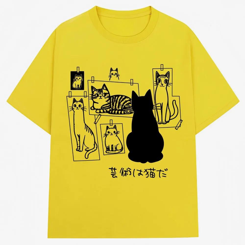 Women Summer Japanese Style Funny Black Cat Anime Print Fashion Vintage Harajuku Casual O Neck Short Sleeve Tee Tops