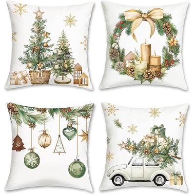 Winter Christmas Throw Pillow Covers 18 X 18 Inch Xmas Trees Balls Pine Leaves Cones Truck Decorative Pillow Cases