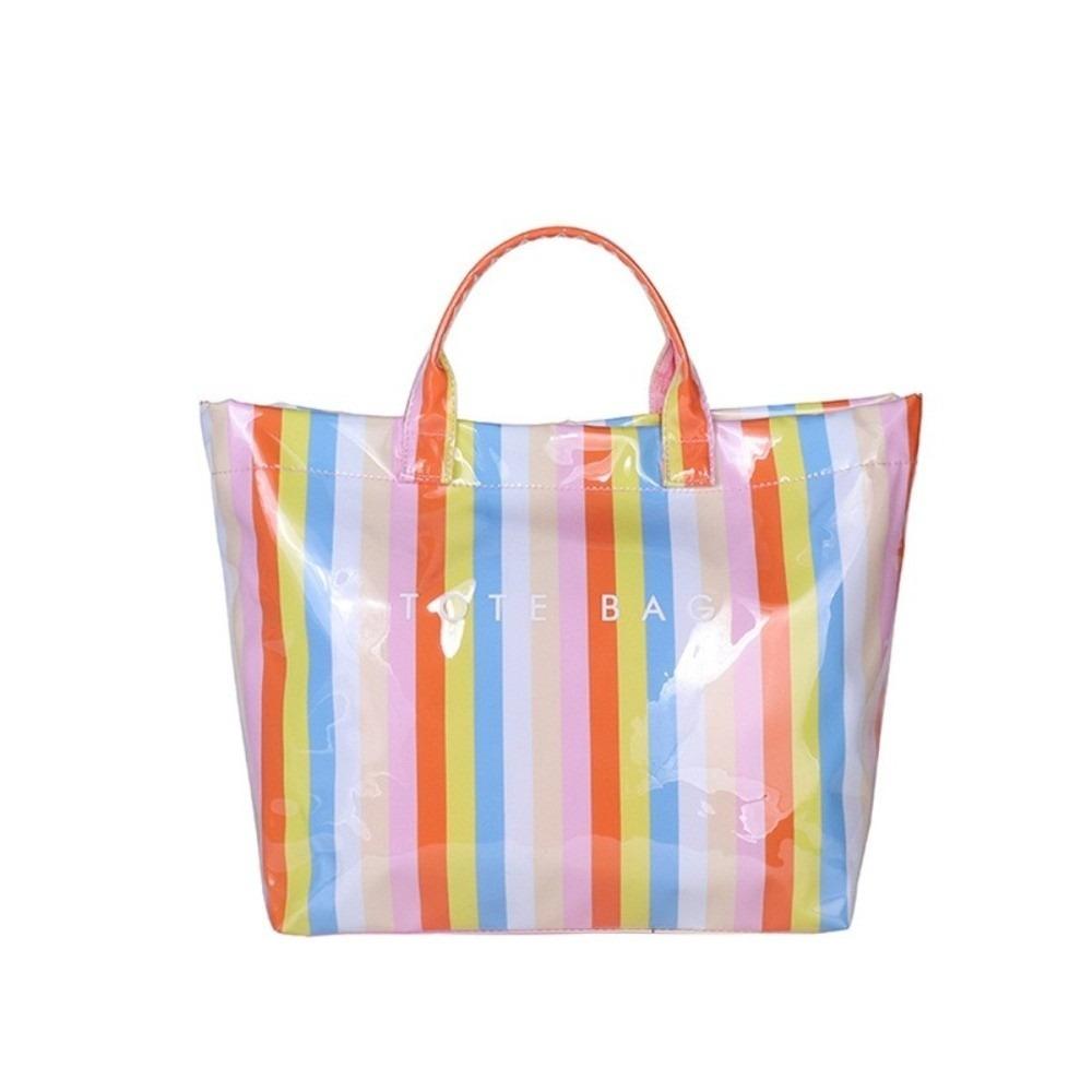 Large Capacity Striped Tote Bag Colorful Shoulder Bag Multi-Functional PVC Handbag Daily