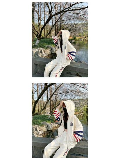 Women's Striped Sweater Jacket and Leggings Set - Trendy Two-Piece Sports Suit for Spring and Autumn