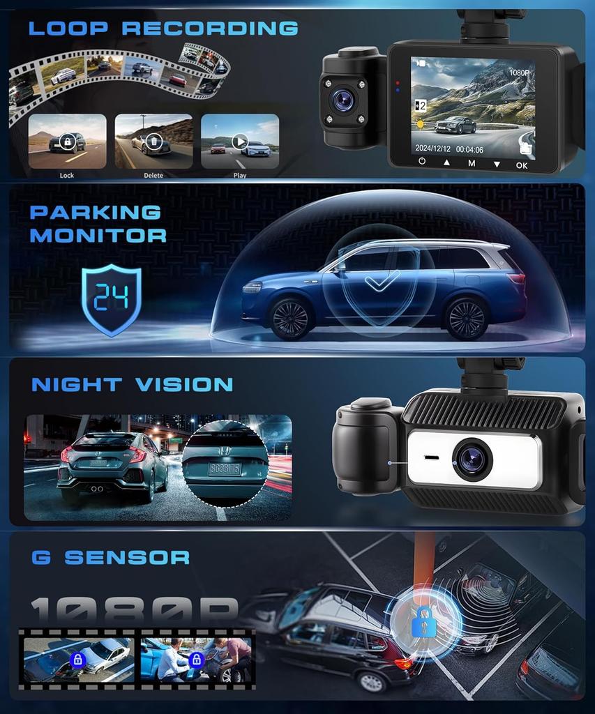 4 Channel 1080P Car Camera 360° View with 2.4' IPS Screen, Parking Monitor, Night Vision, G-Sensor