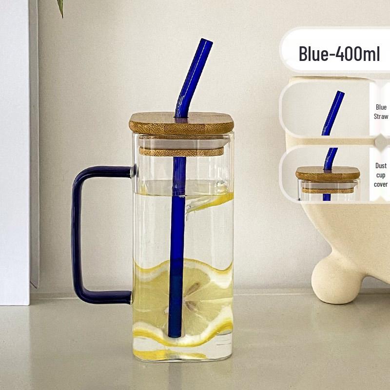 

Square Wooden Lid High Borosilicate Glass Cup with Colorful Handle and Straw - Heat Resistant for Home or Office. 400ml