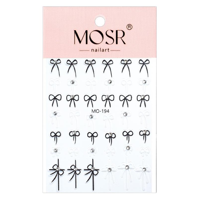 3D Crystal Diamond Bow Nail Stickers: Black & White Self-Adhesive Cute Embossed Decals