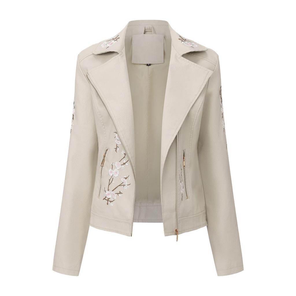 Women’s Faux Leather Jackets Embroidered Flower PU Bomber Coat Diagonal Zipper Outer Wear Autumn Winter Spring Motorcycle Biker Jacket
