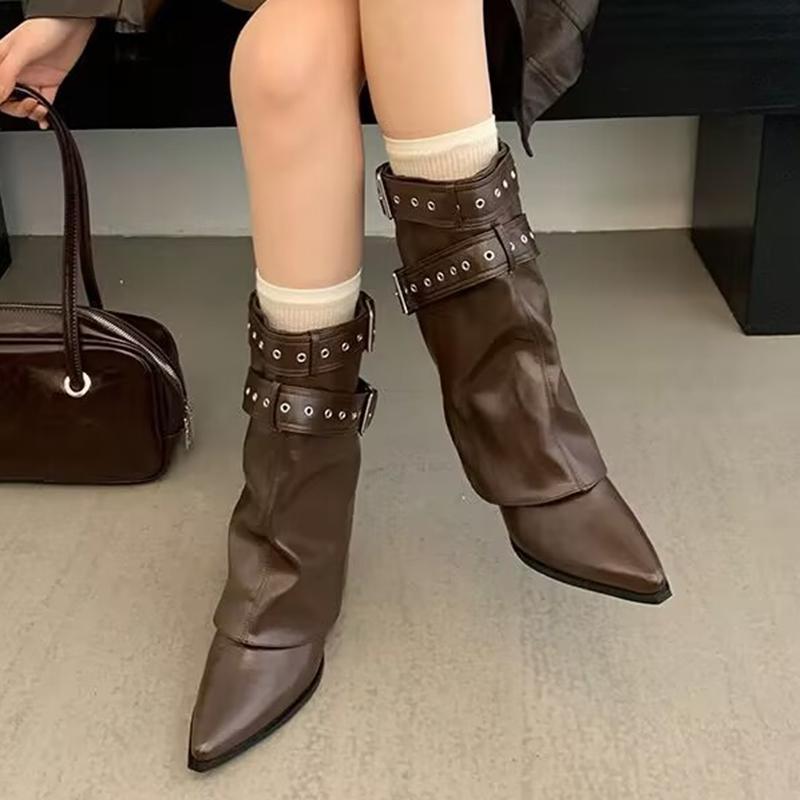Punk Belt Buckle Pointed Toe Mid Calf Boots Women Fashion Thick Heel Wide Leg Pants Boots Woman Autumn Winter Pu Leather Botas