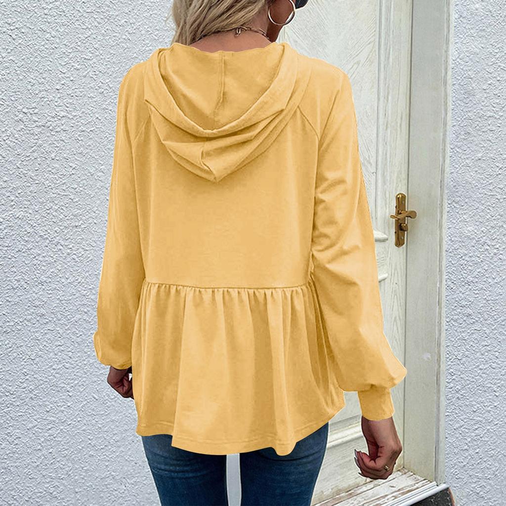 Women's Casual Hoodie Ruffle Tops, Long Sleeve Hooded Long Sleeve Solid Color Sweatshirt