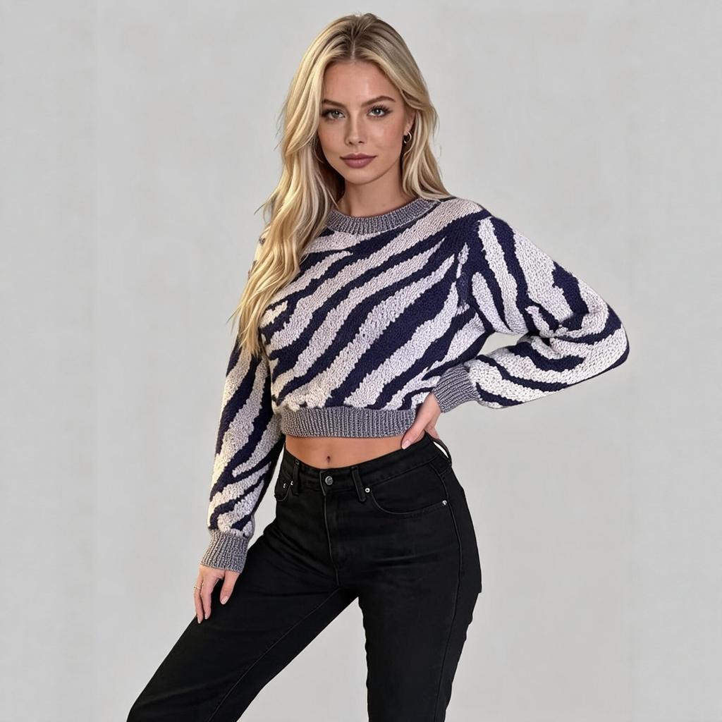 Winter new European and American zebra knit sweater for women, long-sleeve pullover short top, fashionable, versatile, and trendy